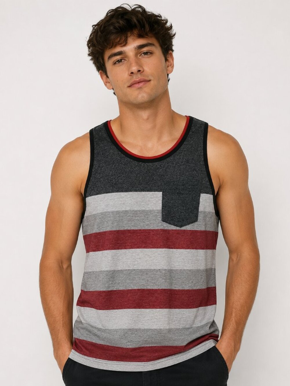 American Crusader Men’s Medium Striped Pocket Tank Top Red Gray Black